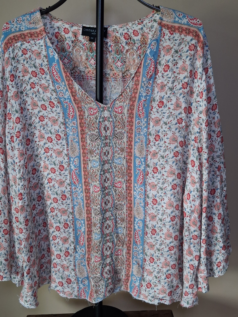 Cynthia Rowley Women's Paisley & Floral Print Top W/Raw Edge Hem; Size 2X